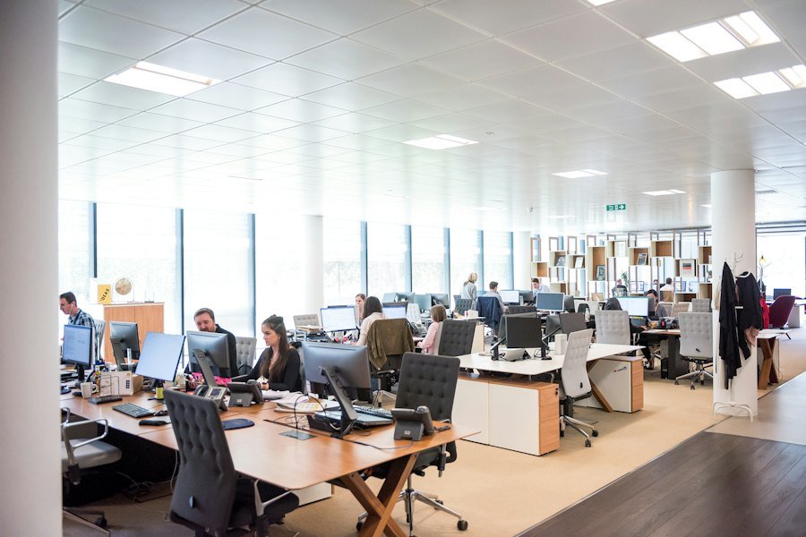 A travel team working together in an open office